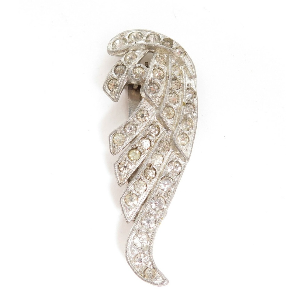 VINTAGE ART DECO‎ CLEAR RHINESTONE WING SHAPE SILVER POTMETAL DRESS CLIP BUCKLE